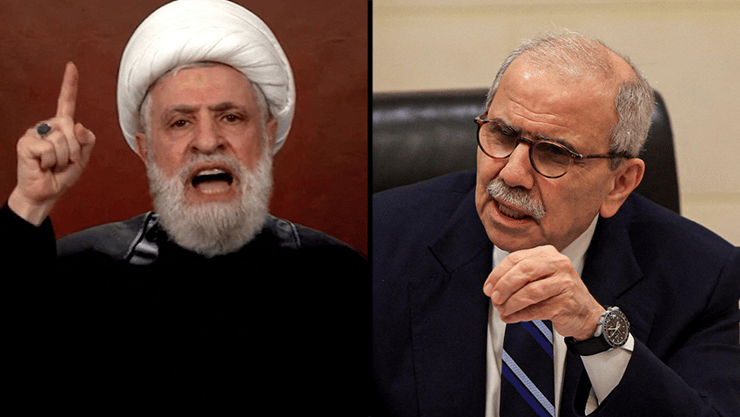 ראש ממשלת לבנון נואף סלאם ומזכ"ל חיזבאללה נעים קאסם (צילום: REUTERS/Mohamed Azakir/Al Manar TV) ראש ממשלת לבנון נואף סלאם