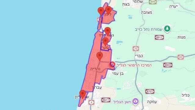   מפת אזורי האזעקות