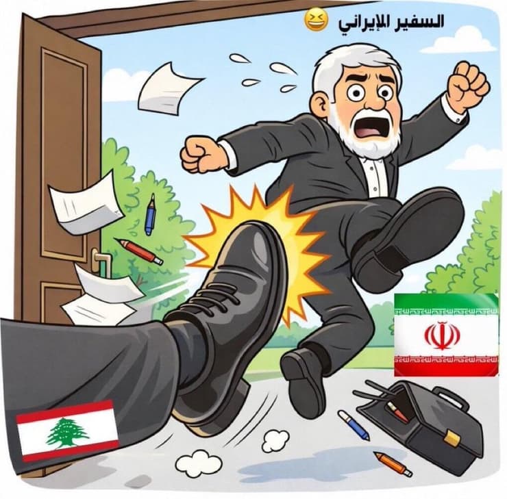 "מגרשים אותו והוא נשאר". השגריר האיראני בקריקטורה לבנונית קריקטורה של גירוש השגריר האיראני מלבנון