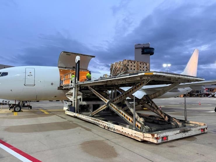 העלאת הארגזים ובהם האריות על המטוס בפרנקפורט