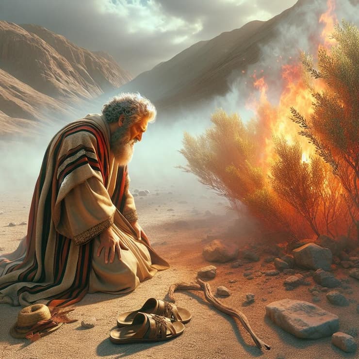 משה קד לפני הסנה הבוער, כשנעליו והמטה שלו לצידו (איור: Shutterstock AI Generator) משה קד לפני הסנה הבוער, כשנעליו והמטה שלו לצידו