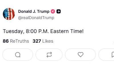 טראמפ כותב: יום שלישי, 20:00 בערב, שעון מזרח!