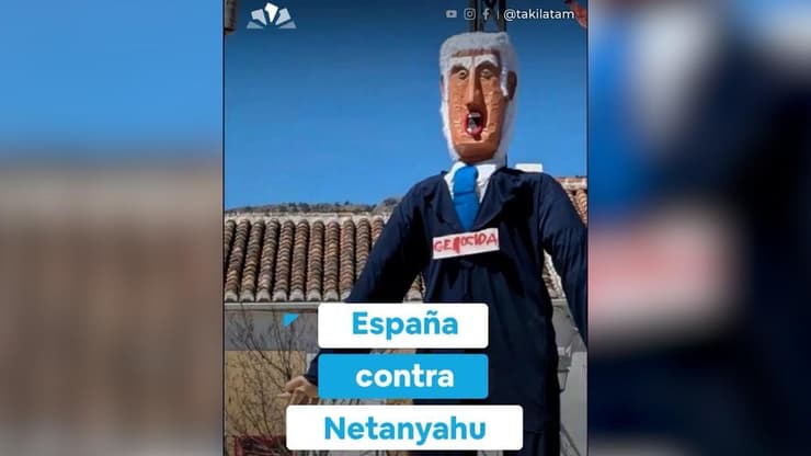צילום: לפי סעיף 27 א' מתוך חוק זכויות יוצרים בספרד מוחאים הרסו בובה של ראש ממשלת ישראל בנימין נתניהו