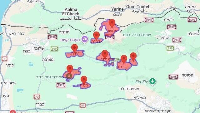 מפת התרעות על חדירת כטב"ם בגליל המערבי
