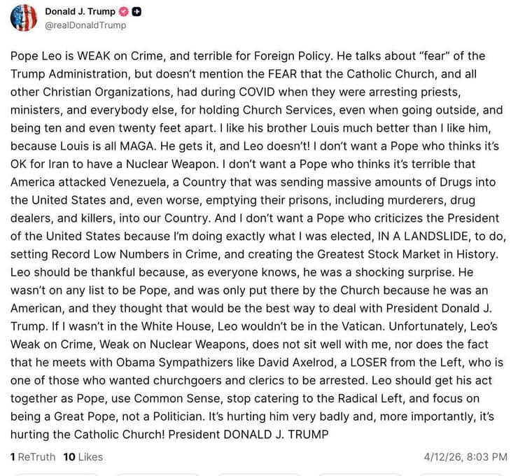 פוסט שפרסם נשיא ארה"ב טראמפ נגד האפיפיור