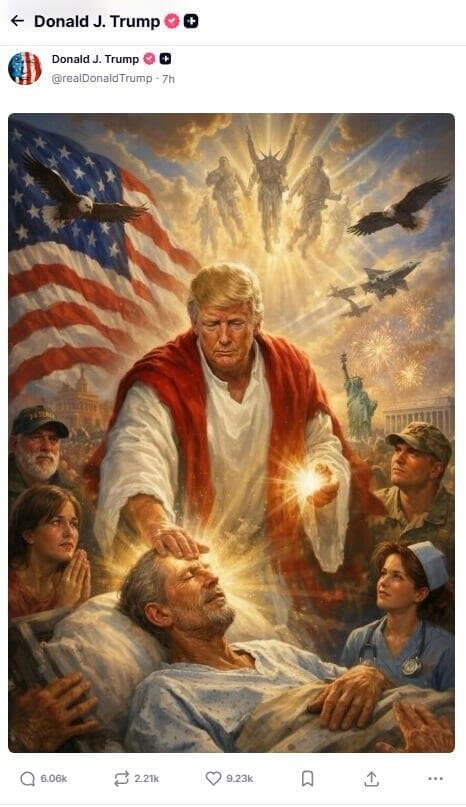 תמונת AI שפרסם טראמפ המשווה אותו ל קדוש ומזכירה תמונות של ישו