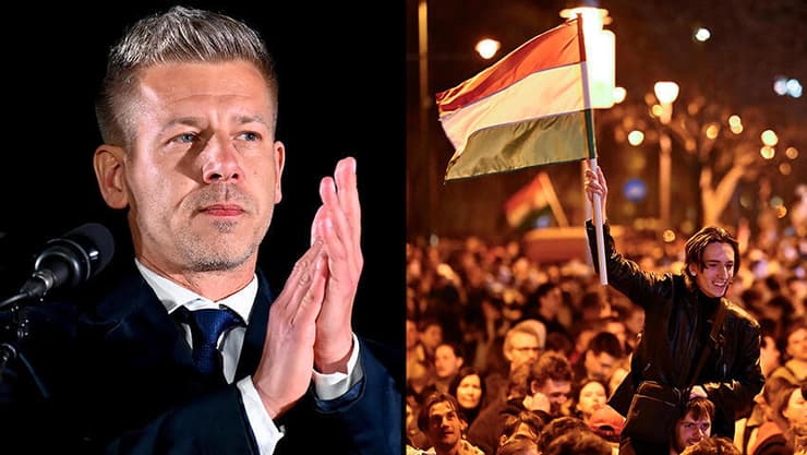 הונגריה בחירות חוגגים ניצחון מפלגת טיסה של פטר מדיאר בודפשט