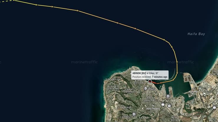 המסלול של אוניית המטען הרוסית ABINSK שדווח כי עגנה בחיפה עם חיטה אוקראינית