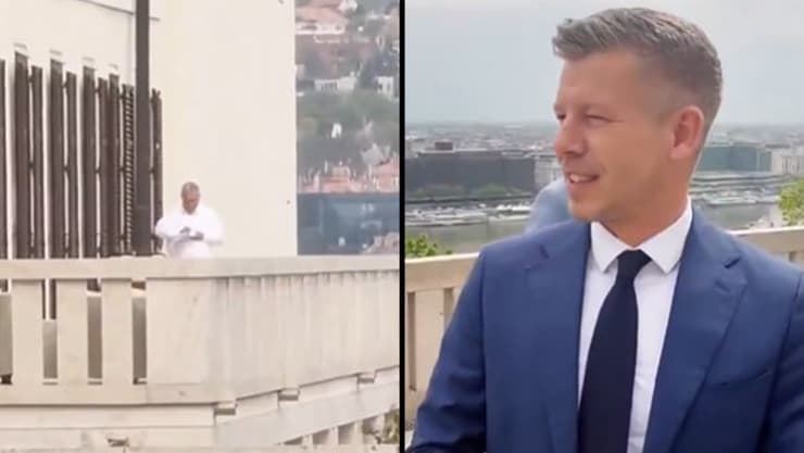 ראש ממשלת הונגריה הנבחר פטר מדיאר רואה את ויקטור אורבן ב מרפסת