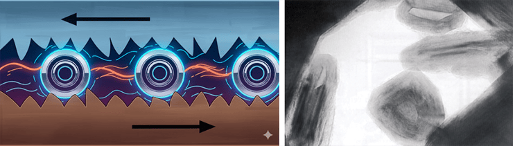 טנא לא הסתפק רק בגילוי ובייצור של החומרים החדשים, אלא גם סבר שיש לננו-צינוריות ולפולרנים האי-אורגניים פוטנציאל יישומי רב. מימין: טונגסטן דו-גופרתי דמוי פולרן. משמאל: איור של ננו-מיסבים ממחומר זה: מונעים את המגע בין בליטות החומר, ובכך מפחיתים במידה ניכרת את החיכוך בין חלקי מכונה נעים