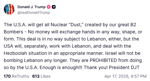 טראמפ: לישראל אסור להפציץ יותר בלבנון. מספיק!