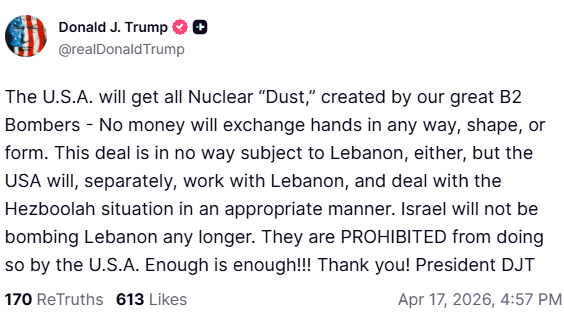 הפוסט של טראמפ (צילום: מתוך TruthSocial) טראמפ: לישראל אסור להפציץ יותר בלבנון. מספיק!