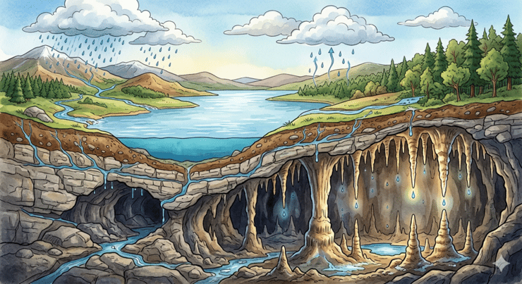 מי גשם סופחים פחמן דו-חמצני מהאטמוספרה ומהקרקע, נעשים מעט חומציים וממיסים סידן מן הסלעים. כאשר תנאי הסביבה משתנים, הסידן הפחמתי שוקע ומתגבש מחדש. אילוסטרציה של מחזור המים ויצירת נטיפים במערות