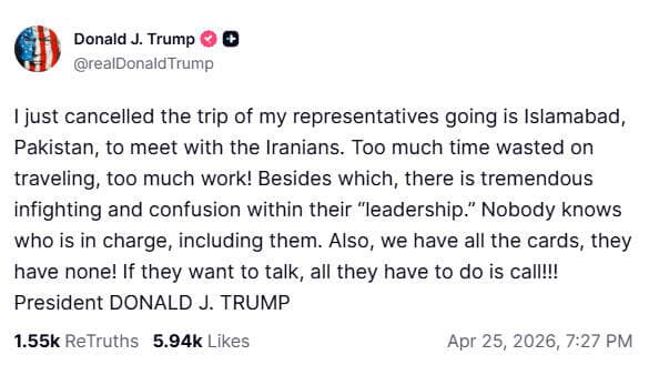 טראמפ מודיע בפוסט על ביטול נסיעת שליחיו וויטקוף וקושנר לפקיסטן