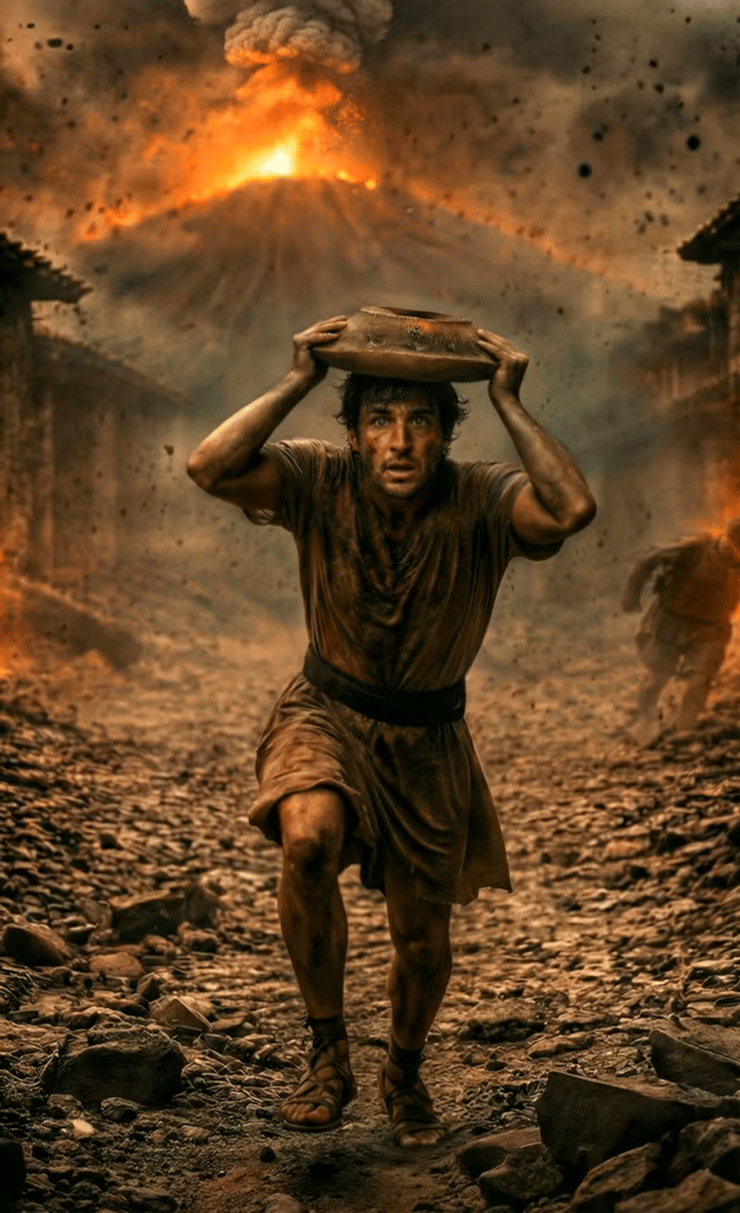 ההדמיה שנוצרה באמצעות בינה מלאכותי, בה ניתן לראות את תושב העיר פומפיי נס על נפשו, כשברקע הר הגעש וזוב המתפרץ