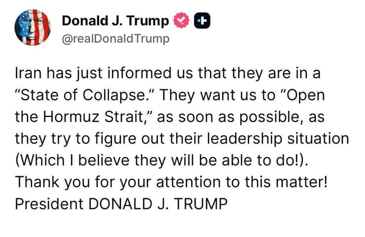 "איראן הודיעה שהם ב'מצב קריסה'".  הפוסט שטראמפ פרסם אחר הצהריים