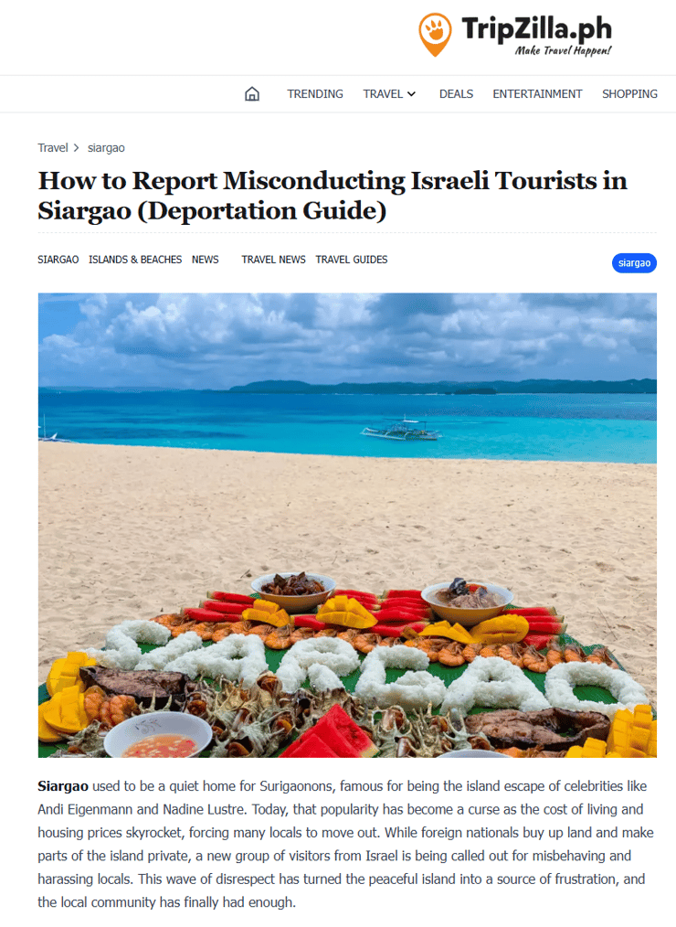 אתר התיירות הפיליפיני TripZilla מסביר לגולשיו כיצד לדווח על תיירים מישראל ולהביא לגירושם מהאי