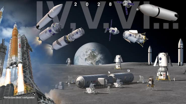 האם יעמדו ביעד של נחיתה ב-2028? כרגע הסיכוי לכך נראה קטן. הדמיית רכבי הנחיתה של ספייס אקס ובלו אוריג'ין על הירח לצד מבנה מגורים, חלליות לא מאוישות, וטיל השיגור של חלליות אוריון, SLS
