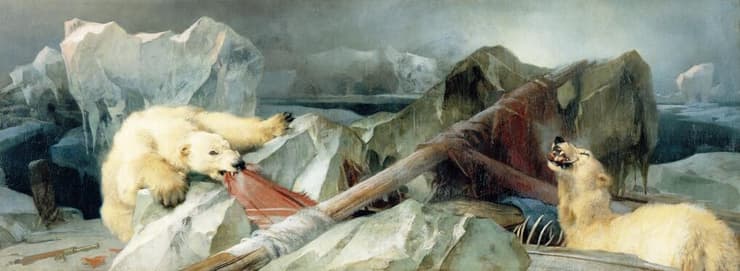 הציור "האדם מתכנן ואלוהים מחליט" (1864) מאת הצייר הבריטי אדווין לנדסייר. היצירה מתארת שני דובי קוטב בין שרידי ספינה ושרידי אדם ממשלחתו האבודה של סר ג'ון פרנקלין באזור הארקטי. הסצנה מדגישה את האסון שפקד את המשלחת ואת עוצמתו של הטבע הקוטבי (איור: Edwin Landseer/Royal Holloway, University of London/Wikipedia) הציור "האדם מתכנן ואלוהים מחליט" (1864) מאת הצייר הבריטי אדווין לנדסייר. היצירה מתארת שני דובי קוטב בין שרידי ספינה ושרידי אדם ממשלחתו האבודה של סר ג'ון פרנקלין באזור הארקטי. הסצנה מדגישה את האסון שפקד את המשלחת ואת עוצמתו של הטבע הקוטבי