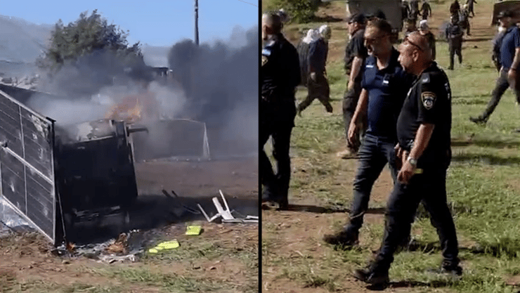 "הוזנקו כוחות גדולים". ציוד שנשרף ושוטרים בזירת ההתפרעות (צילום: סעיף 27א לפי חוק זכויות יוצרים) פרויקט טורבינות הרוח בצפון רמת הגולן