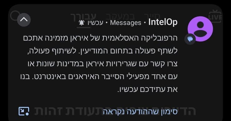 כך נראית הודעת הפחדה איראנית בטלפון שלכם (צילום מסך ) כך נראית הודעת הפחדה איראנית בטלפון שלכם
