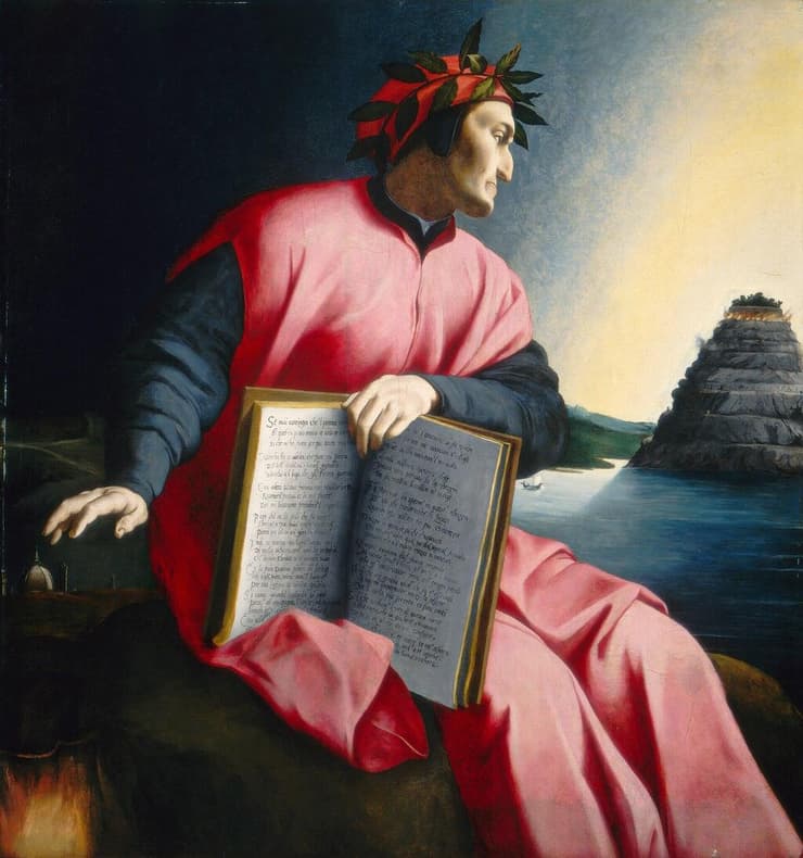 דנטה מביט בהר המצרף (איור: Giovanni Battista Naldini/ National Gallery of Art/Wikipedia) דנטה מביט בהר המצרף