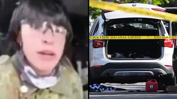 המכונית שבה נמצאו שני הרוצחים ירויים, וקיילב ואסקז כפי שתיעד עצמו בסרטון, רגע לפני שהפציר בקלארק לירות בו למוות (צילום: AP Photo/Gregory Bull) ארה"ב קליפורניה סן דייגו פיגוע ירי מסגד אחד היורים קיילב ואסקז