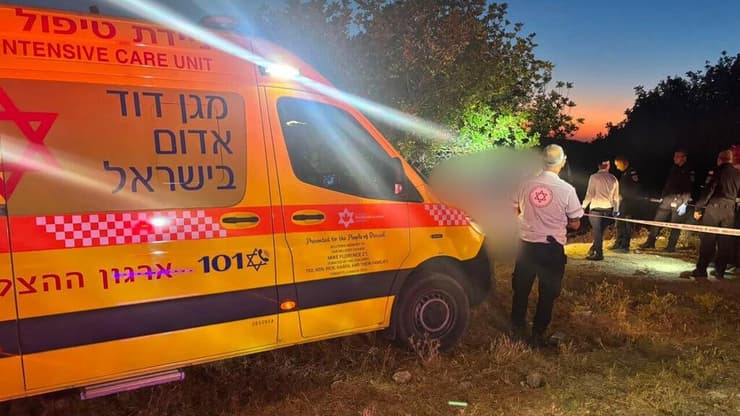 זירת האירוע (צילום: תיעוד מבצעי מד"א) גזר ואישה אותרו ללא רוח חיים בשטח פתוח בגזרת משמר איילון