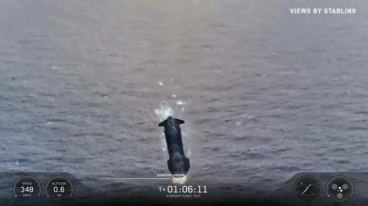 סטארשיפ בנחיתה באוקיינוס ההודי (צילום: AFP/SpaceX) סטארשיפ בנחיתה באוקיינוס ההודי