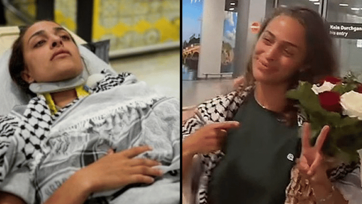 פעילת המשט התראיינה חבולה - אך תועדה בריאה לגמרי זמן קצר אחרי פעילת המשט לעזה נראית בריאה בהגעתה לשדה התעופה