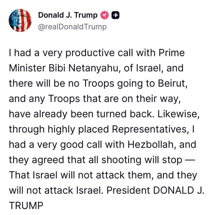 ההכרזה של טראמפ: ישראל לא תתקוף את ביירות (צילום: מתוך Truth) טראמפ: ישראל לא תתקוף את ביירות והכוחות שבדרך לשם יסתובבו