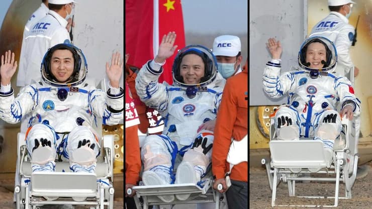 חזרת האסטרונאוטים הסינים מתחנת החלל הסינית טיאנגונג. מימין לשמאל: ז'אנג הונגז'אנג, ז'אנג לו ווו פיי