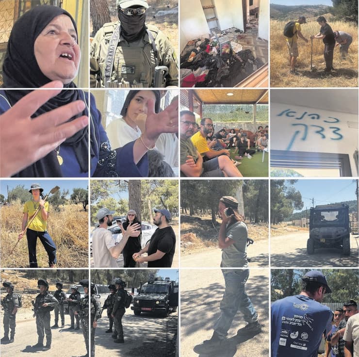 מימין לשמאל: המטעים היבשים, קרביים של בית פלסטיני שהותקף, חייל רעול פנים, מופידה קבג'ה, כתובת של "כהנא צדק" שרוססה על ידי מתנחלים בבית בתרקומיא, המתנדבים בביתה של קבג'ה בשיחת התדרוך לפני היציאה, הריינג'ר והמתנחל עם הכיפה הצבעונית, דניאלה לונדון דקל ופעילי "בני אברהם", פעילה עם מעדר, המרתוניסט, כוח מג"ב שנפרס בשטח מימין לשמאל: המטעים היבשים, קרביים של בית פלסטיני שהותקף, חייל רעול פנים, מופידה קבג'ה, כתובת של "כהנא צדק" שרוססה על ידי מתנחלים בבית בתרקומיא, המתנדבים בביתה של קבג'ה בשיחת התדרוך לפני היציאה, הריינג'ר והמתנחל עם הכיפה הצבעונית, דניאלה לונדון דקל ופעילי "בני אברהם", פעילה עם מעדר, המרתוניסט, כוח מג"ב שנפרס בשטח