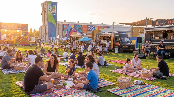 מתחם אוכל וישיבה במכביה סיטי (באדיבות באזמרקט) מתחם אוכל וישיבה במכביה סיטי
