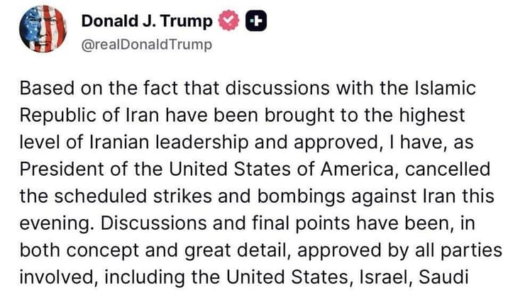 "הפוסט היה מפתיע יותר מהאיום המפורש בתקיפות" (צילום: הרשת החברתית X ) טראמפ בציוץ על עצירת התקיפה באיראן