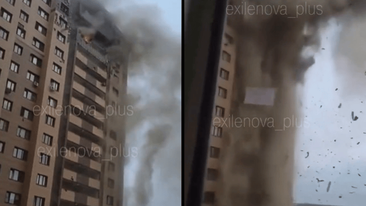 שברים נופלים מבניין דירות שנפגע באזור הבירה הרוסית, הבוקר שברים נופלים מבניין דירות שנפגע באזור הבירה הרוסית, הבוקר