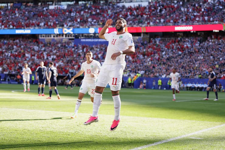 הכוכב העולה של מרוקו. סאיבירי (צילום: Justin Setterfield/Getty Images) סייבירי חוגג נגד סקוטלנד