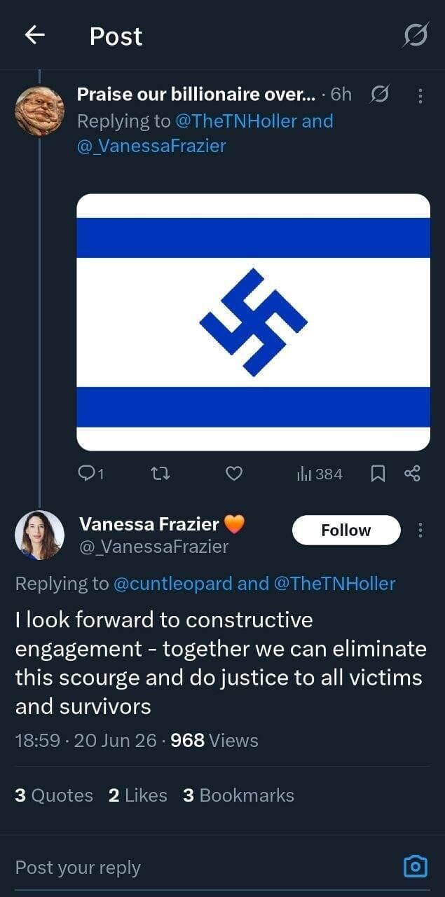 ההתכתבות של ונסה פרייזר עם חשבון שהפיץ תוכן אנטישמי (ללא קרדיט מתוך X) התכתבות של נציגת המזכ"ל, ונסה פרייזר עם חשבון שהפיץ תוכן אנטישמי