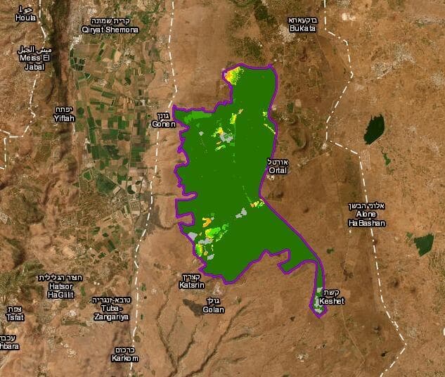 אזור מישורי הבזלת בגולן (צילום: Earthstar Geographics | Esri | HERE | Garmin | מכון דש"א - דמותה של ארץ, מתווך המחקר) אזור מישורי הבזלת בגולן