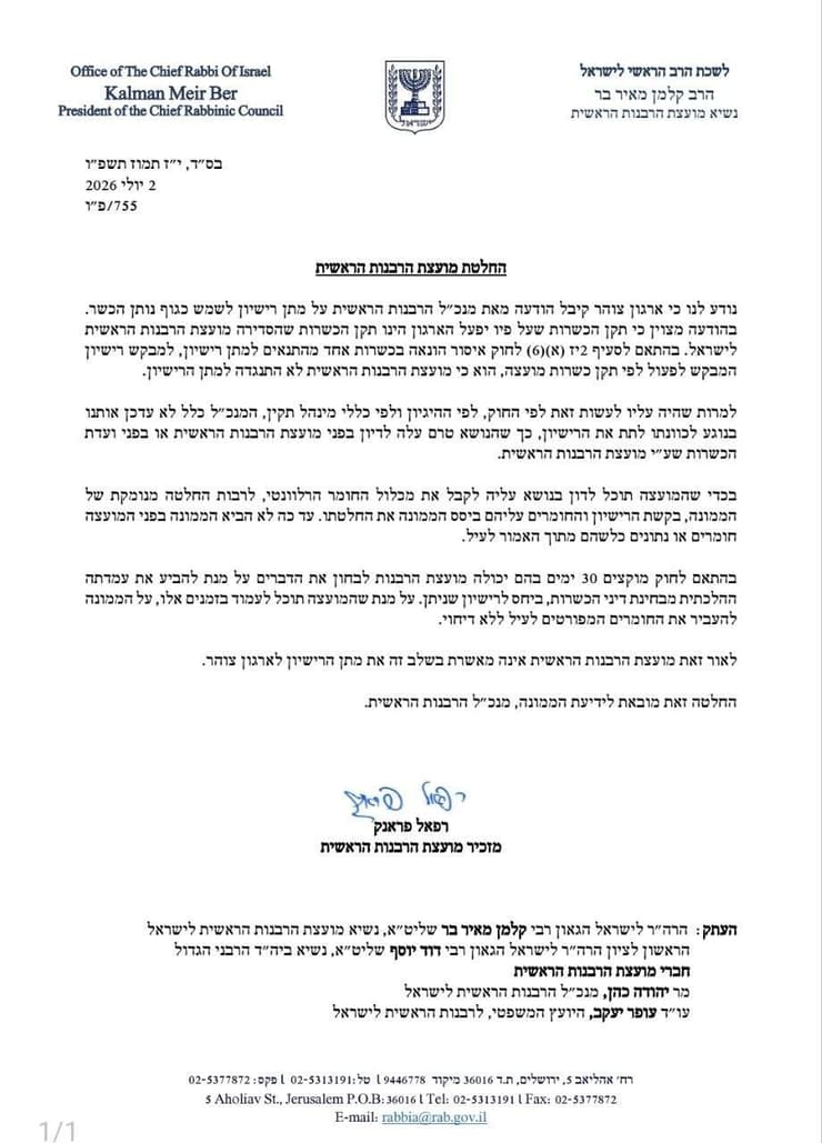 החלטת מועצת הרבנות הרשית בדבר כשרות מטעם צהר החלטת מועצת הרבנות הרשית בדבר כשרות מטעם צהר