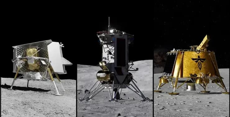 נאס"א מתכננת 20 נחיתות לא מאוישות על הירח עד 2029, שלוש מהן כבר השנה. הדמיות של הנחתות של חברות אסטרובוטיק (משמאל), Intuitive Machines (במרכז) ו-Firefly (צילום: Astrobotic/Intuitive Machines/Firefly) נאס"א מתכננת 20 נחיתות לא מאוישות על הירח עד 2029, שלוש מהן כבר השנה. הדמיות של הנחתות של חברות אסטרובוטיק (משמאל), Intuitive Machines (במרכז) ו-Firefly