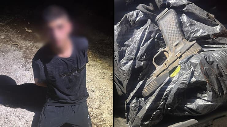 החשוד והאקדח שנתפס (צילום: דוברות המשטרה) מעצר חשודים מרכזיים ברצח כפול ברמת הגולן