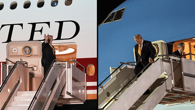 יורד מהאייר פורס 1 הישן, ועולה לחדש (צילום: Win McNamee/Getty Images, AP Photo/Alex Brandon) נשיא ארה"ב דונלד טראמפ עובר יורד מהאייר פורס 1 הישן לחדש