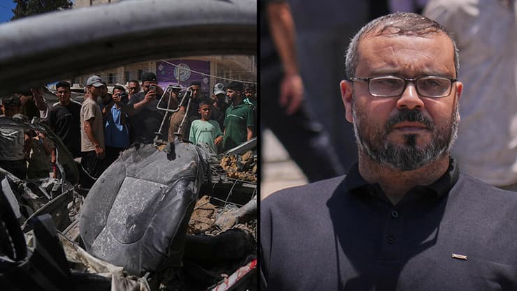 חאזם קאסם והרכב שהותקף בעזה (צילום: AP Photo/Jehad Alshrafi, AP Photo/Jehad Alshrafi) עזה