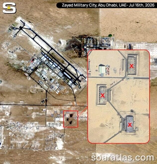 מבנים שהושמדו במתחם הצבאי באבו דאבי (צילום: SoarAtlas) מבנים שהושמדו במתחם הצבאי באבו דאבי