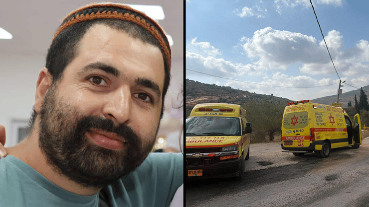 זירת הפיגוע, ובניהו מלט (צילום: תיעוד מבצעי מד"א, TPS) בניהו מלט