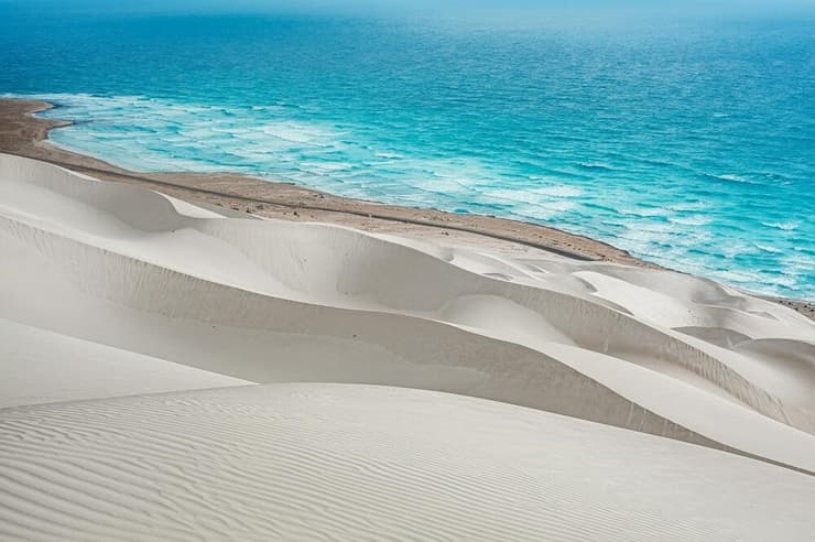 כשהדיונות פוגשות את הים הכחול (צילום: Tatyana Druzhinina / shutterstock) דיונות ארצ'ר (Archer Dunes) באי סוקוטרה