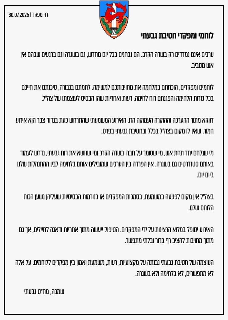 האיגרת של מח"ט גבעתי איגרת של מח"ט גבעתי אל"מ נתנאל שמכה