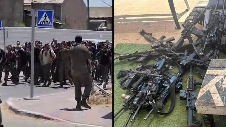 הנשקים הנטושים ויציאת הלוחמים מהבסיס (צילום: שימוש לפי סעיף 27א' בחוק זכויות יוצרים) עשרות לוחמי גבעתי נוטשים את בסיס שדה תימן