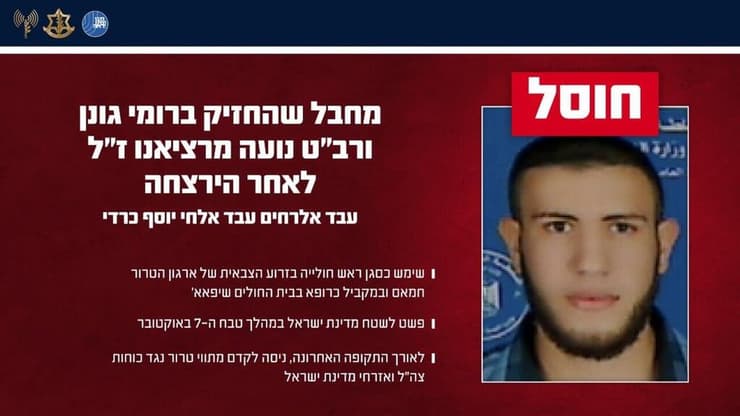 תעודת זהות של  המחבל עבד אלרחים עבד אלחי יוסף כרדי סגן ראש חולייה בחמאס חמאס שהחזיק ברומי גונן ורב"ט נועה מרציאנו ז"ל לאחר הירצחה